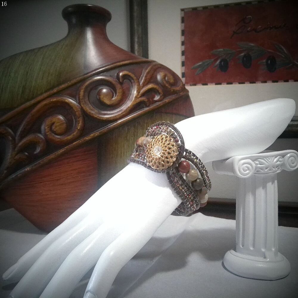 BLING-UP TRIPLE Brown Leather Bracelet (1) Row & (2) Doubles 7 1/2"